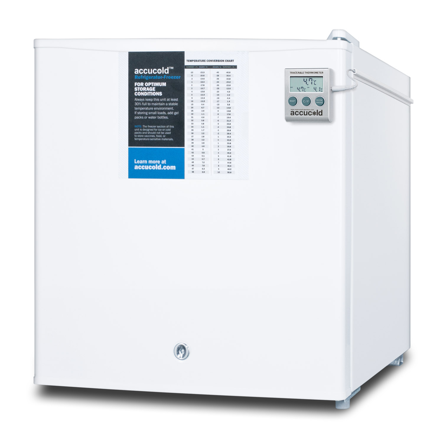 Compact refrigerator-freezer with NIST calibrated thermometer, hospital grade cord, and front-mounted lock for general purpose use; replaces S19LWHPLUS